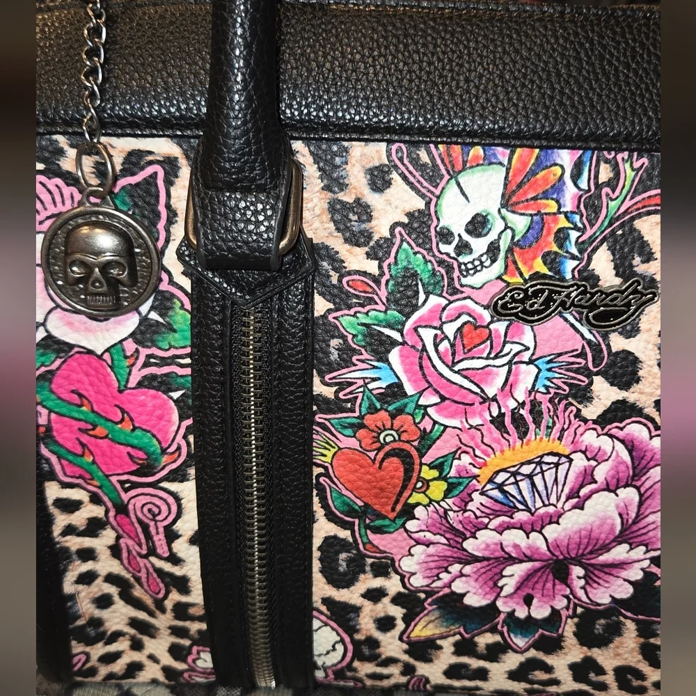 Ed Hardy Satchel Bag In Cheetah with Floral Skull Design, NWT - Picture 5 of 8